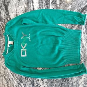 (S) DKNY Jeans Knitted Sweater Metallic Lettering Jewel Tone Logo Graphic